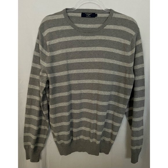 J.Crew Pullover Sweater Mens L Gray Striped Crew Neck Cotton Cashmere Blend Knit - Picture 1 of 3